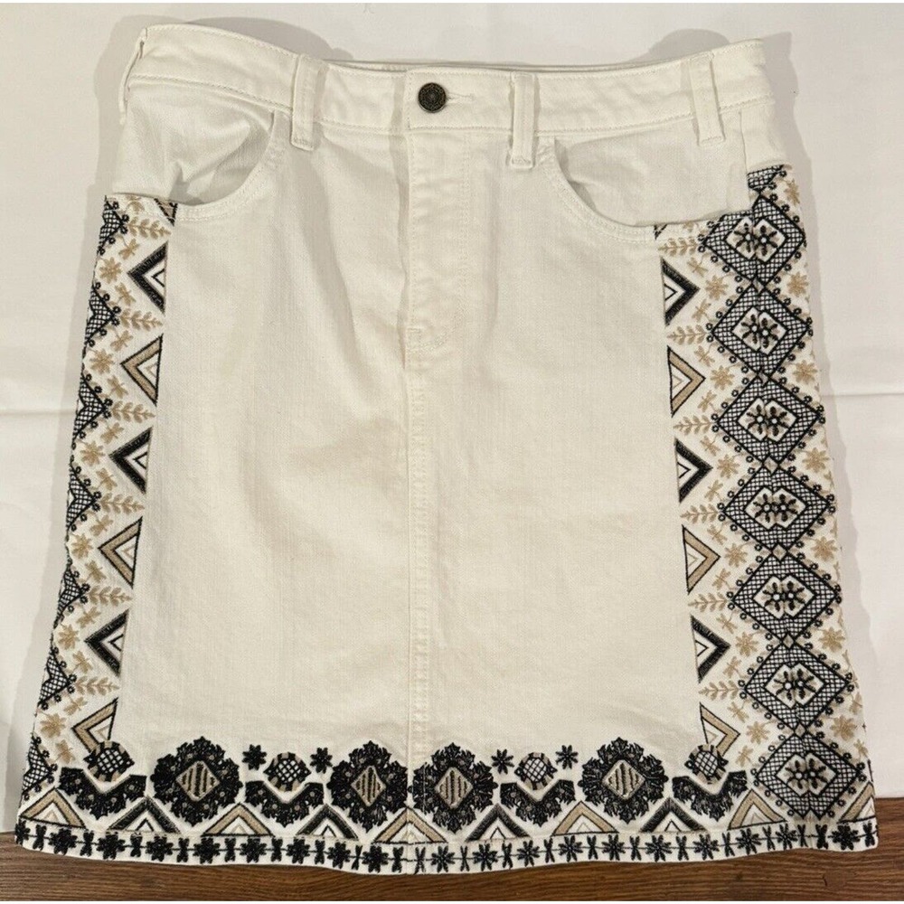 Anthropologie Pilcro and the Letter Press White Denim Skirt Womens 6 Embroidered